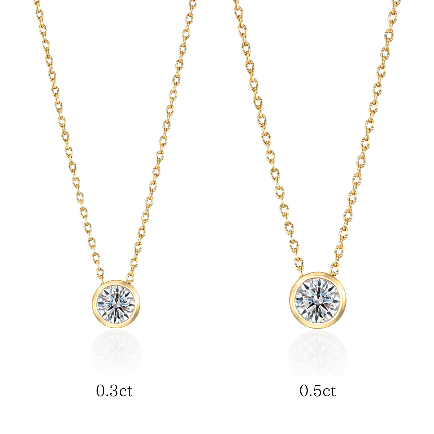 ラボグロウンダイヤモンド専門店『september5』べセルセッティング・K18イエローゴールドネックレス0.３ctと0.5ctの比較画像